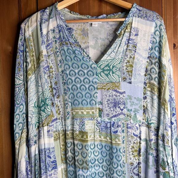 J. Jill Patchwork Blouse Women’s 2x Blue Green Long Sleeve Boho Hippie Bohemian - Picture 8 of 9